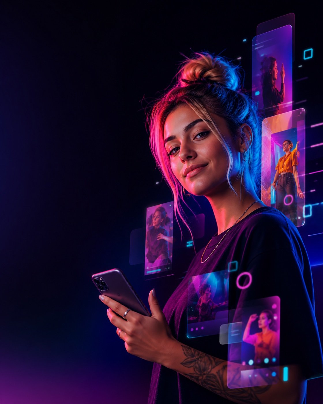 Social media content creator holding a smartphone
