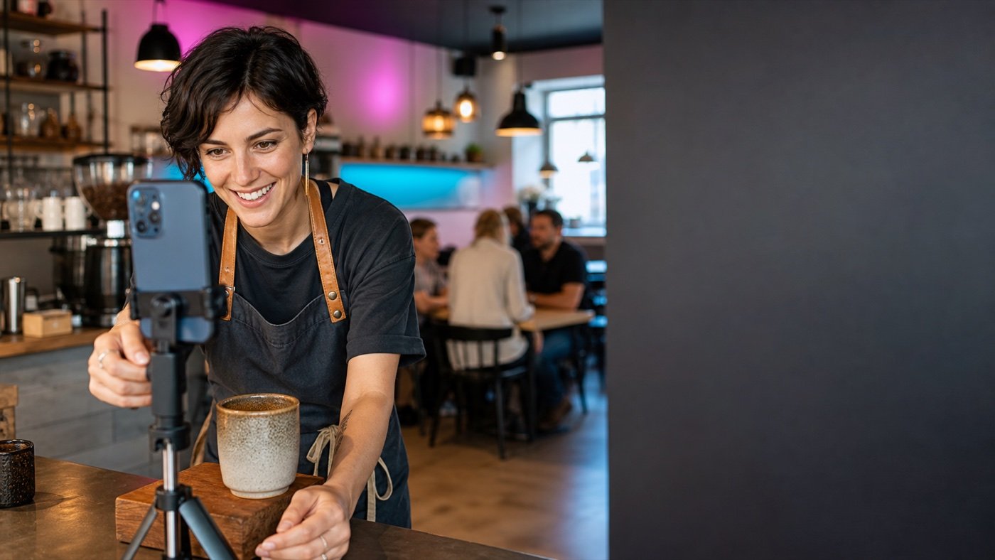 Local cafe owner creating social content