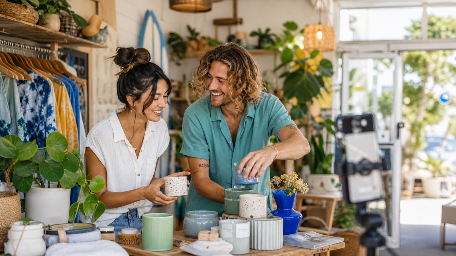Coastal retail owners creating a product video